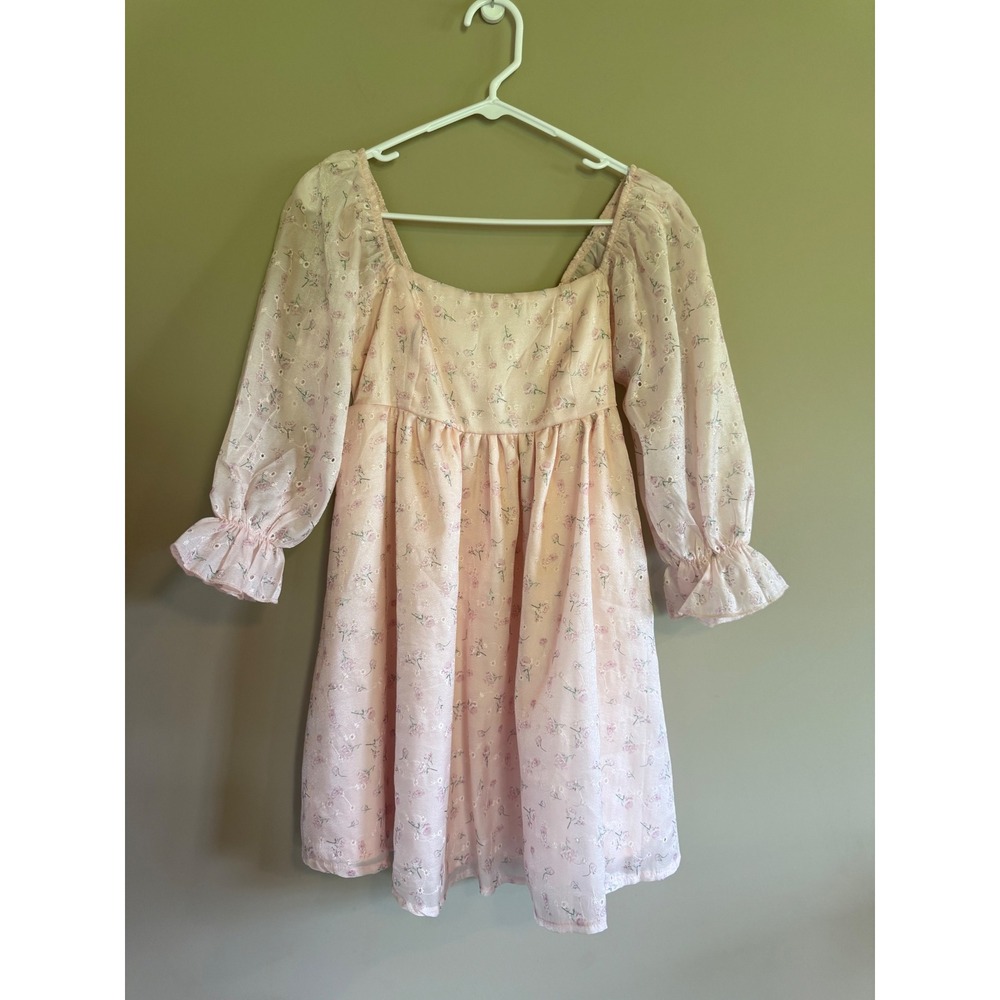 Thirty Thirty LA Pink Floral Eyelet Babydoll MiniDress Puff Sleeve Cottagecore S